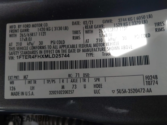2021 Ford Ranger XL with VIN 1FTER4FHXMLD25744, listed as a IAAI auction lot 42248338 with 74,312 mi miles and . Bid and sale history available at DreamBid. Image 9.