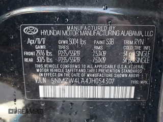 2018 Hyundai Santa Fe Ultimate with VIN 5NMZW4LA4JH054307, listed as a IAAI auction lot 42532426 with 148,299 mi miles and . Bid and sale history available at DreamBid. Image 9.