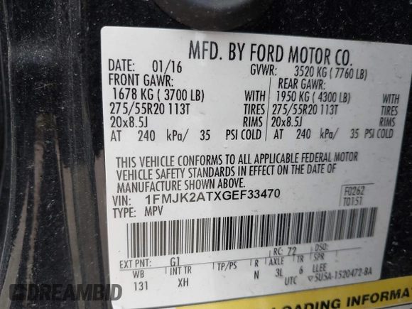 2016 Ford Expedition EL Limited with VIN 1FMJK2ATXGEF33470, listed as a IAAI auction lot 42073748 with 136,736 mi miles. Bid and sale history available at carsss.com. Image 9.