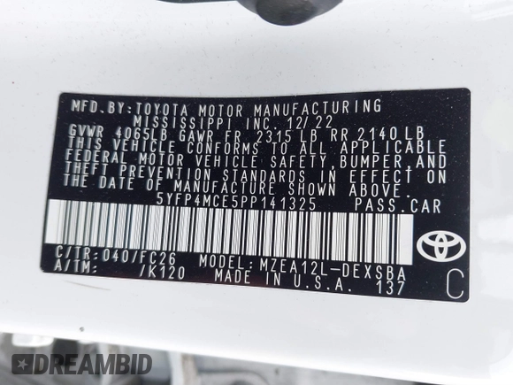 2023 Toyota Corolla SE with VIN 5YFP4MCE5PP141325, listed as a IAAI auction lot 41710864 with 16,230 mi miles and . Bid and sale history available at DreamBid. Image 9.