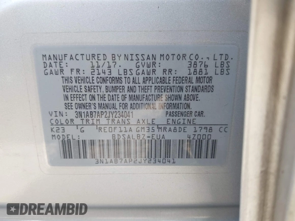 2018 Nissan Sentra SV with VIN 3N1AB7AP2JY234041, listed as a IAAI auction lot 41801015 with 133,632 mi miles and . Bid and sale history available at DreamBid. Image 9.