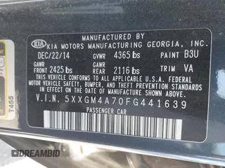2015 Kia Optima LX with VIN 5XXGM4A70FG441639, listed as a IAAI auction lot 42618515 with 162,021 mi miles and . Bid and sale history available at DreamBid. Image 9.