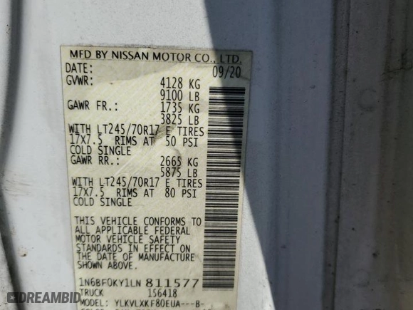 2020 Nissan NV Cargo S with VIN 1N6BF0KY1LN811577, listed as a Copart auction lot 80048184 with 87,188 mi miles and Salvage Title. Bid and sale history available at carsss.com. Image 12.
