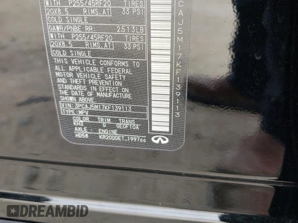 2019 Infiniti QX50 LUXE with VIN 3PCAJ5M17KF139113, listed as a Copart auction lot 68498332 with 42,374 mi miles. Bid and sale history available at carsss.com. Image 14.