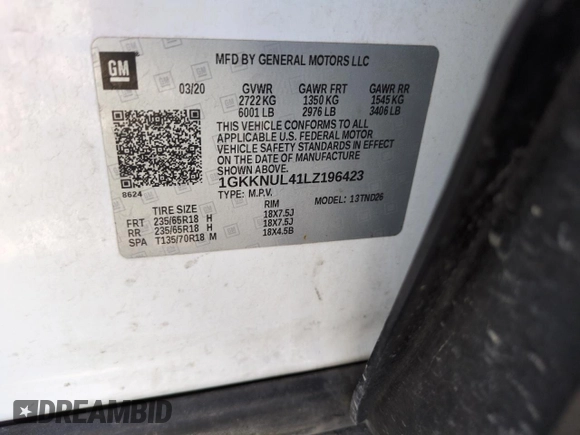 2020 GMC Acadia SLT z VIN 1GKKNUL41LZ196423, wystawiony jako Copart lot #54919375 z przebiegiem 108 597 mil mil oraz Szkoda całkowita • Salvage title. Historia ofert i sprzedaży dostępna na DreamBid. Obrazek 12.