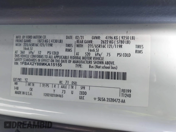2021 Ford Transit Passenger XL с VIN 1FBAX2Y88MKA15155, выставлен на аукционе IAAI как лот 41730982 с пробегом 70 357 миль миль и . История ставок и продаж доступна на DreamBid. Изображение 9.