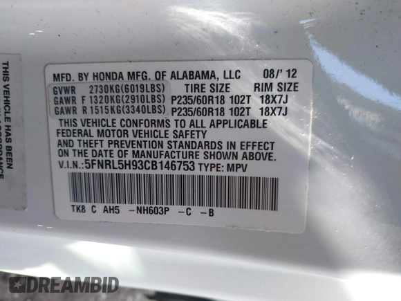 2012 Honda Odyssey Touring with VIN 5FNRL5H93CB146753, listed as a IAAI auction lot 41984850 with 155,309 mi miles and . Bid and sale history available at DreamBid. Image 9.