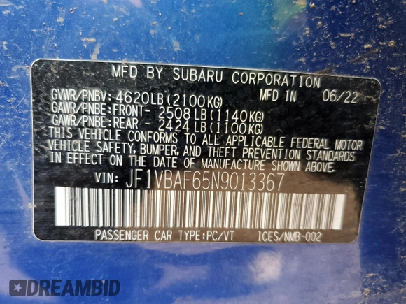 2022 Subaru WRX Premium with VIN JF1VBAF65N9013367, listed as a Copart auction lot 65460135 with Not provided miles and Clean title. Bid and sale history available at DreamBid. Image 12.