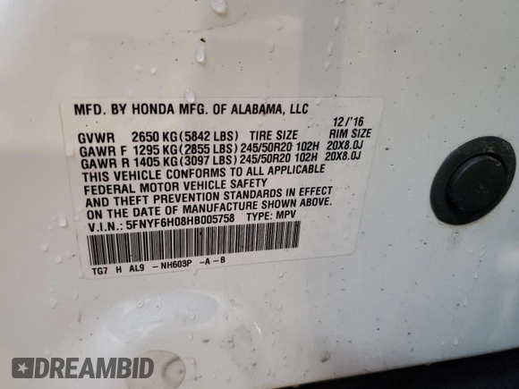 2017 Honda Pilot Elite with VIN 5FNYF6H08HB005758, listed as a Copart auction lot 53655725 with 124,218 mi miles and Salvage Title. Bid and sale history available at DreamBid. Image 14.