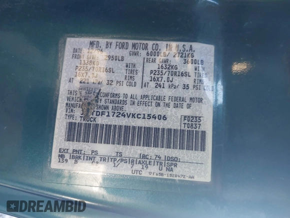 1997 Ford F-150 with VIN 1FTDF1724VKC15406, listed as a IAAI auction lot 42336536 with 190,569 mi miles and . Bid and sale history available at DreamBid. Image 9.