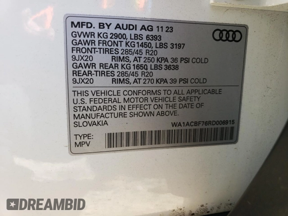 2024 Audi Q7 Premium z VIN WA1ACBF76RD006915, wystawiony jako Copart lot #56310904 z przebiegiem 2 807 mil mil oraz Szkoda całkowita • Salvage title. Historia ofert i sprzedaży dostępna na DreamBid. Obrazek 15.