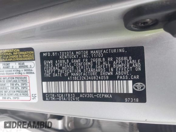 2004 Toyota Camry LE with VIN 4T1BE32K34U824059, listed as a IAAI auction lot 41344406 with 172,003 mi miles and . Bid and sale history available at DreamBid. Image 9.
