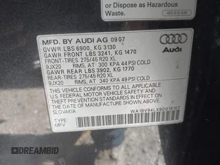 2008 Audi Q7 Premium with VIN WA1BV94LX8D019107, listed as a IAAI auction lot 41654539 with 141,846 mi miles. Bid and sale history available at carsss.com. Image 9.