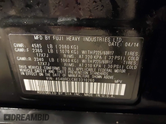 2014 Subaru Outback Limited with VIN 4S4BRCLC8E3310260, listed as a IAAI auction lot 41770376 with 176,687 mi miles and . Bid and sale history available at DreamBid. Image 9.