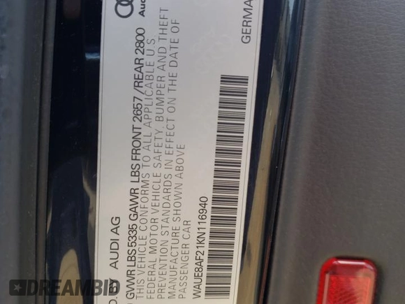 2019 Audi A6 Premium Plus with VIN WAUE8AF21KN116940, listed as a Copart auction lot 60920744 with 56,363 mi miles and Salvage Title. Bid and sale history available at carsss.com. Image 12.