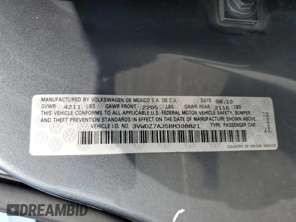 2011 Volkswagen Jetta SE with VIN 3VWDZ7AJ5BM308821, listed as a Copart auction lot 62011735 with 177,312 mi miles and Salvage title. Bid and sale history available at DreamBid. Image 12.
