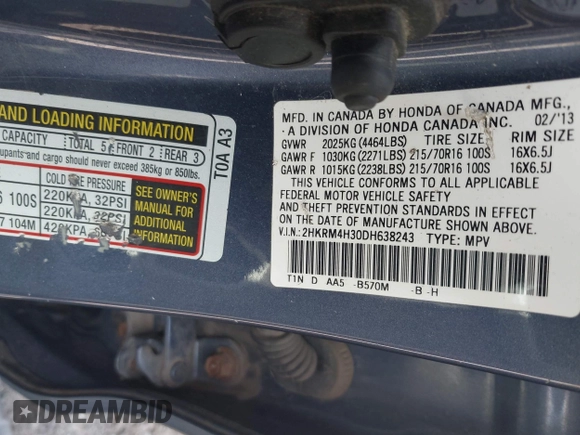 2013 Honda CR-V LX with VIN 2HKRM4H30DH638243, listed as a IAAI auction lot 42012591 with Not Provided miles and . Bid and sale history available at DreamBid. Image 9.