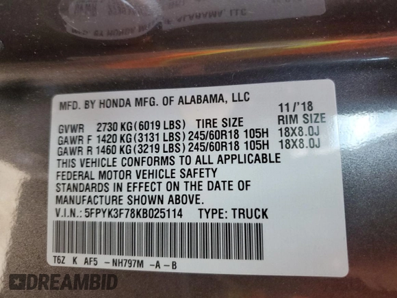 2019 Honda Ridgeline RTL-E z VIN 5FPYK3F78KB025114, wystawiony jako Copart lot #65695215 z przebiegiem 112 742 mil mil oraz Szkoda całkowita • Salvage title. Historia ofert i sprzedaży dostępna na DreamBid. Obrazek 13.