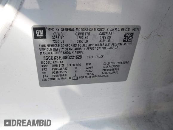 2016 Chevrolet Silverado 1500 LTZ with VIN 3GCUKSEJ0GG221628, listed as a IAAI auction lot 41276045 with 153,476 mi miles. Bid and sale history available at carsss.com. Image 9.