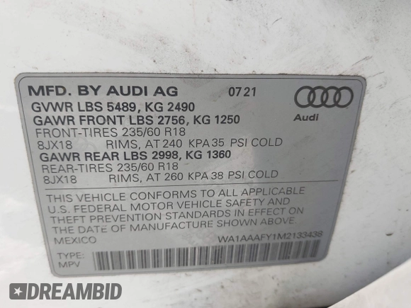 2021 Audi Q5 Premium z VIN WA1AAAFY1M2133438, wystawiony jako IAAI lot #42684944 z przebiegiem 35 794 mil mil oraz . Historia ofert i sprzedaży dostępna na DreamBid. Obrazek 9.