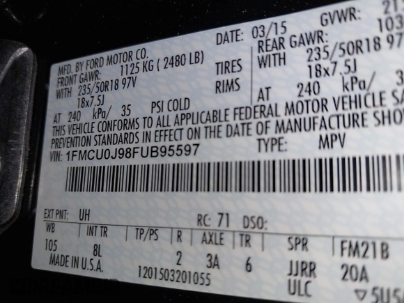 2015 Ford Escape Titanium with VIN 1FMCU0J98FUB95597, listed as a IAAI auction lot 41785188 with 84,141 mi miles. Bid and sale history available at carsss.com. Image 9.
