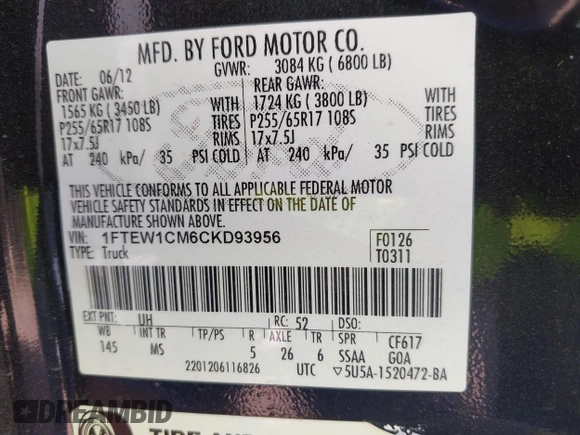 2012 Ford F-150 XL with VIN 1FTEW1CM6CKD93956, listed as a IAAI auction lot 41871235 with 129,196 mi miles. Bid and sale history available at carsss.com. Image 9.