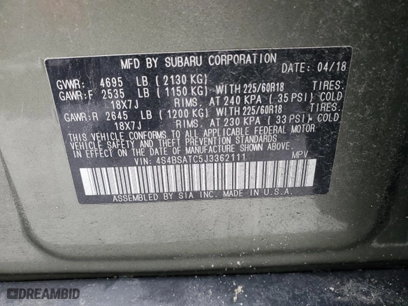 2018 Subaru Outback Touring with VIN 4S4BSATC5J3362111, listed as a Copart auction lot 86124114 with 237,486 mi miles and Salvage Title. Bid and sale history available at carsss.com. Image 16.