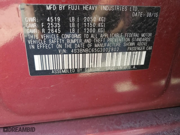 2016 Subaru Legacy 2.5i Premium with VIN 4S3BNBC65G3007802, listed as a Copart auction lot 43345105 with 68,920 mi miles and Salvage Title. Bid and sale history available at carsss.com. Image 13.