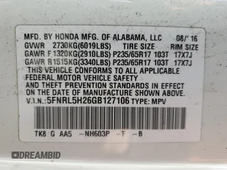 2016 Honda Odyssey LX with VIN 5FNRL5H26GB127106, listed as a Copart auction lot 51369155 with 256,713 mi miles and Salvage Title. Bid and sale history available at DreamBid. Image 16.