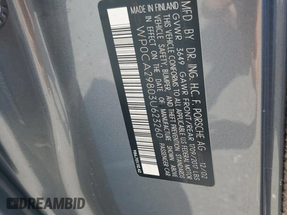 2003 Porsche Boxster with VIN WP0CA29803U623260, listed as a Copart auction lot 54511835 with 53,596 mi miles and Salvage title. Bid and sale history available at DreamBid. Image 12.