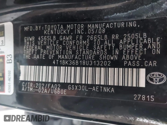 2008 Toyota Avalon XL with VIN 4T1BK36B18U313202, listed as a IAAI auction lot 41961451 with 279,418 mi miles and . Bid and sale history available at DreamBid. Image 9.