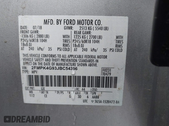 2018 Ford Edge SE с VIN 2FMPK4G93JBC54396, выставлен на аукционе IAAI как лот 42213098 с пробегом 50 085 миль миль и . История ставок и продаж доступна на DreamBid. Изображение 9.