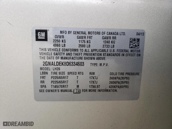 2013 Chevrolet Equinox LT with VIN 2GNALDEK8D6334603, listed as a Copart auction lot 53289854 with 171,311 mi miles and Non Repairable. Bid and sale history available at carsss.com. Image 12.