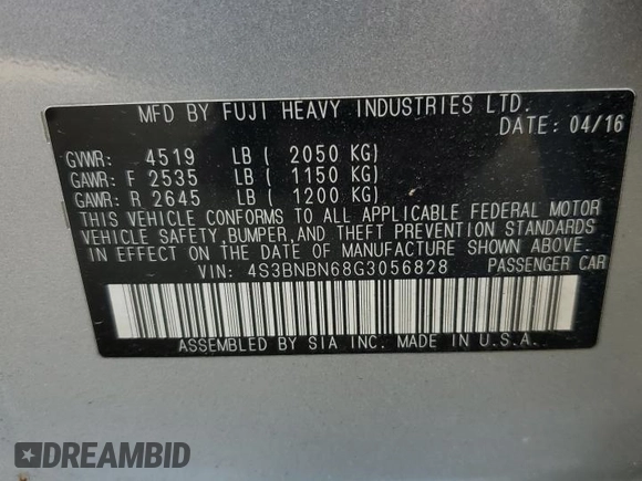 2016 Subaru Legacy Limited with VIN 4S3BNBN68G3056828, listed as a Copart auction lot 57197285 with 164,326 mi miles and Salvage title. Bid and sale history available at DreamBid. Image 12.