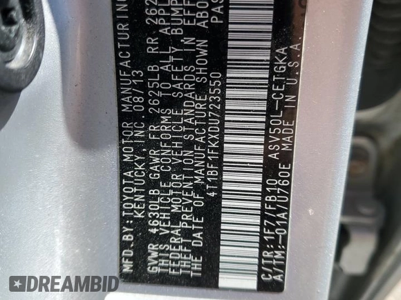 2013 Toyota Camry L with VIN 4T1BF1FKXDU723550, listed as a Copart auction lot 49578475 with 134,531 mi miles and Salvage Title. Bid and sale history available at DreamBid. Image 12.