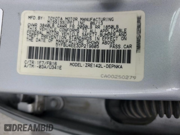 2013 Toyota Corolla L with VIN 5YFBU4EE3DP219605, listed as a Copart auction lot 50615255 with 140,168 mi miles and Salvage Title. Bid and sale history available at DreamBid. Image 12.