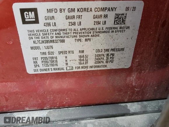 2021 Chevrolet Trax LS z VIN KL7CJKSB5MB327988, wystawiony jako Copart lot #56778645 z przebiegiem 26 312 mil mil oraz Nie do naprawy • Non repairable. Historia ofert i sprzedaży dostępna na DreamBid. Obrazek 12.