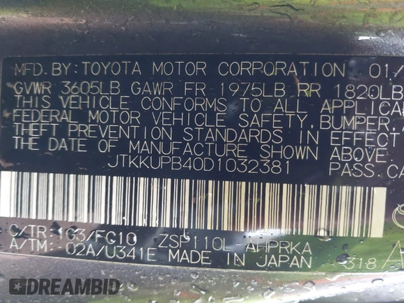 2013 Scion xD z VIN JTKKUPB40D1032381, wystawiony jako IAAI lot #41212704 z przebiegiem 209 858 mil mil oraz . Historia ofert i sprzedaży dostępna na DreamBid. Obrazek 9.