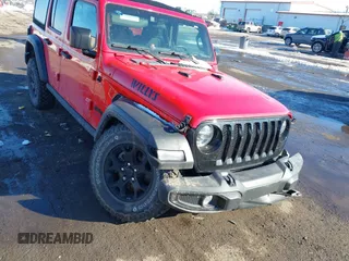 2021 Jeep Wrangler Unlimited Willys Sport with VIN 1C4HJXDG9MW754873, listed as a IAAI auction lot 41641167 with 25,410 mi miles and . Bid and sale history available at DreamBid. Image 1.