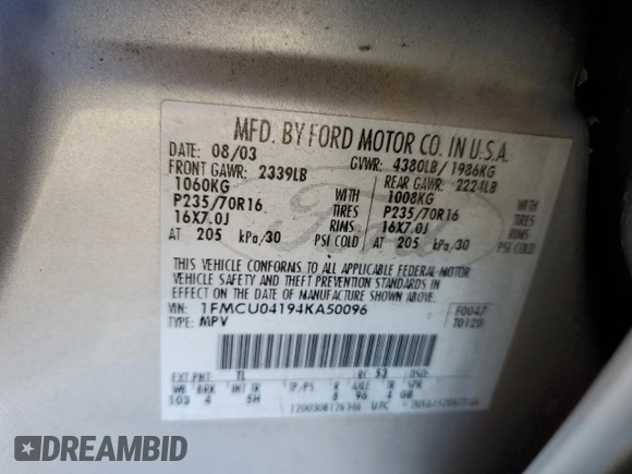 2004 Ford Escape Limited with VIN 1FMCU04194KA50096, listed as a Copart auction lot 79530614 with 222,129 mi miles and Clean title. Bid and sale history available at DreamBid. Image 13.