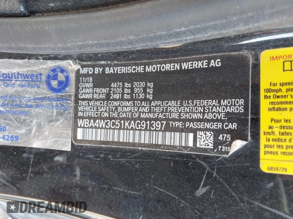 2019 BMW 4 Series 430i with VIN WBA4W3C51KAG91397, listed as a IAAI auction lot 41871270 with 108,701 mi miles and . Bid and sale history available at carsss.com. Image 9.