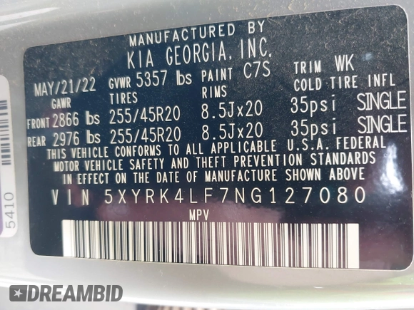 2022 Kia Sorento SX z VIN 5XYRK4LF7NG127080, wystawiony jako IAAI lot #42092519 z przebiegiem 108 300 mil mil oraz . Historia ofert i sprzedaży dostępna na DreamBid. Obrazek 9.