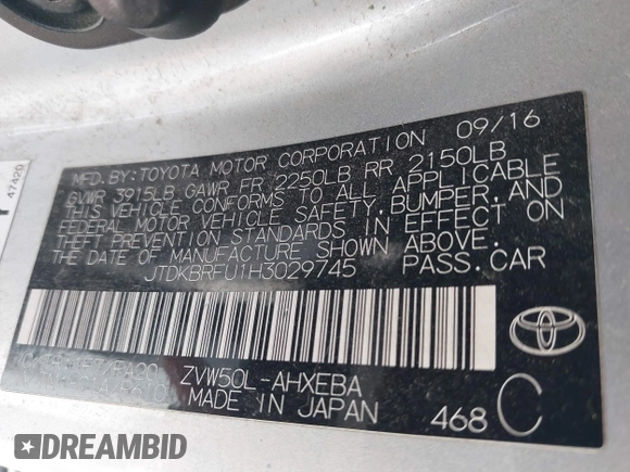 2017 Toyota Prius Two with VIN JTDKBRFU1H3029745, listed as a IAAI auction lot 42091613 with 222,115 mi miles. Bid and sale history available at carsss.com. Image 9.