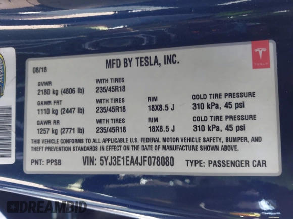 2018 Tesla Model 3 Long Range Battery z VIN 5YJ3E1EA4JF078080, wystawiony jako IAAI lot #41688015 z przebiegiem 97 886 mil mil oraz . Historia ofert i sprzedaży dostępna na DreamBid. Obrazek 9.