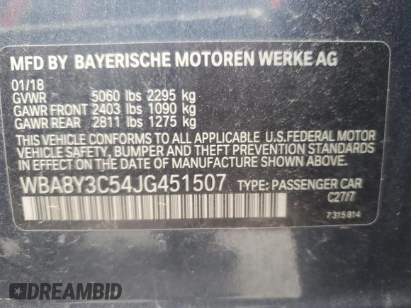 2018 BMW 3 Series 340i xDrive with VIN WBA8Y3C54JG451507, listed as a Copart auction lot 65758894 with 51,531 mi miles and Non Repairable. Bid and sale history available at carsss.com. Image 12.