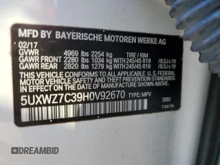 2017 BMW X3 sDrive28i with VIN 5UXWZ7C39H0V92670, listed as a Copart auction lot 86140754 with 107,846 mi miles and Salvage Title. Bid and sale history available at carsss.com. Image 14.