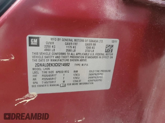 2012 Chevrolet Equinox 1LT z VIN 2GNALDEK3C6214982, wystawiony jako Copart lot #54884915 z przebiegiem 223 643 mil mil oraz Szkoda całkowita • Salvage title. Historia ofert i sprzedaży dostępna na DreamBid. Obrazek 14.