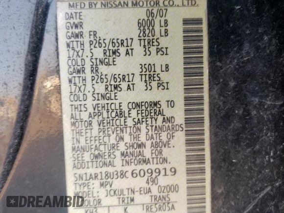 2008 Nissan Pathfinder LE с VIN 5N1AR18U38C609919, выставлен на аукционе Copart как лот 59702375 с пробегом 313 826 миль миль и Списание • Salvage title. История ставок и продаж доступна на DreamBid. Изображение 13.