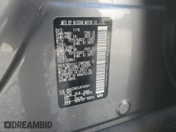 2018 Infiniti QX80 with VIN JN8AZ2NE0J9192824, listed as a Copart auction lot 43952445 with 122,085 mi miles and Salvage title. Bid and sale history available at DreamBid. Image 15.