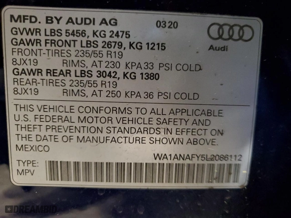 2020 Audi Q5 Premium with VIN WA1ANAFY5L2086112, listed as a Copart auction lot 51587865 with 57,984 mi miles and Salvage Title. Bid and sale history available at carsss.com. Image 13.